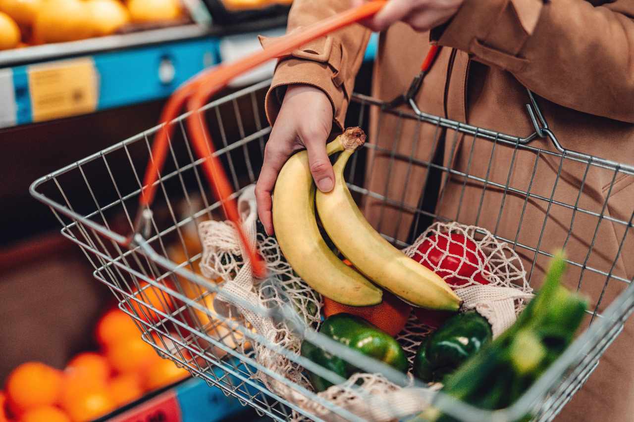 Grocery basket with bananas and produce