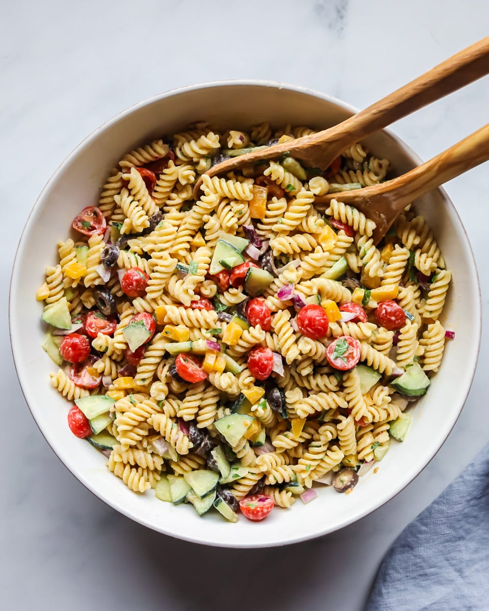 Hummus pasta salad in a white bowl.