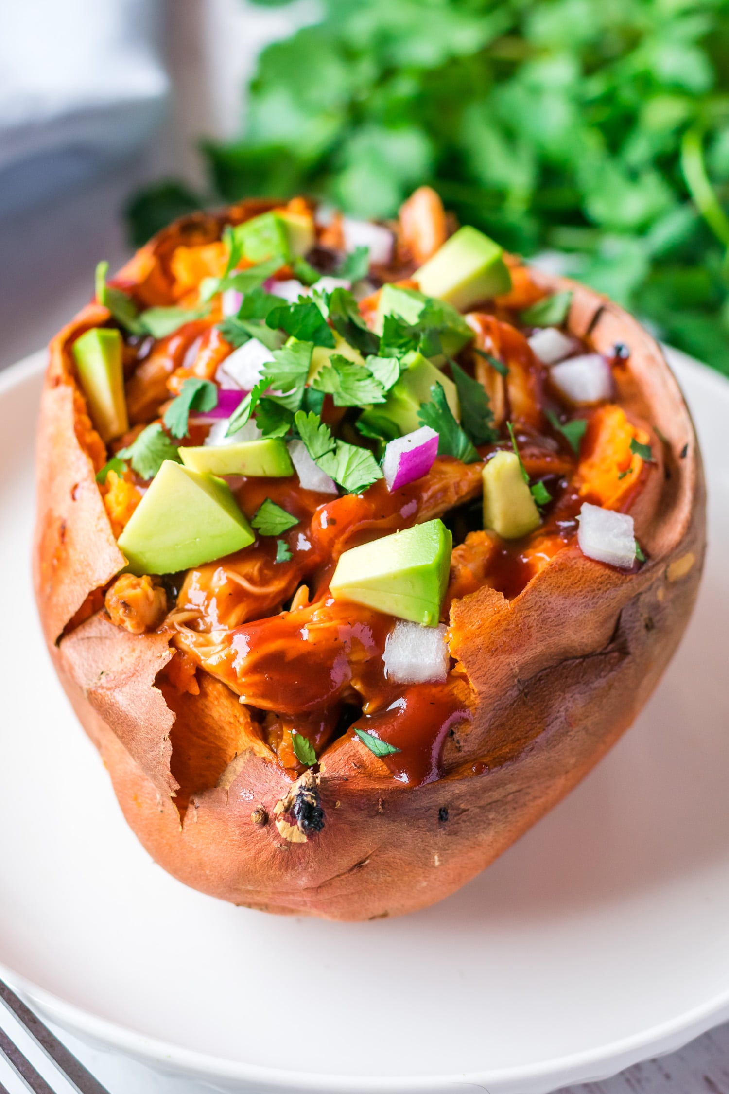 BBQ chicken stuffed sweet potatoes