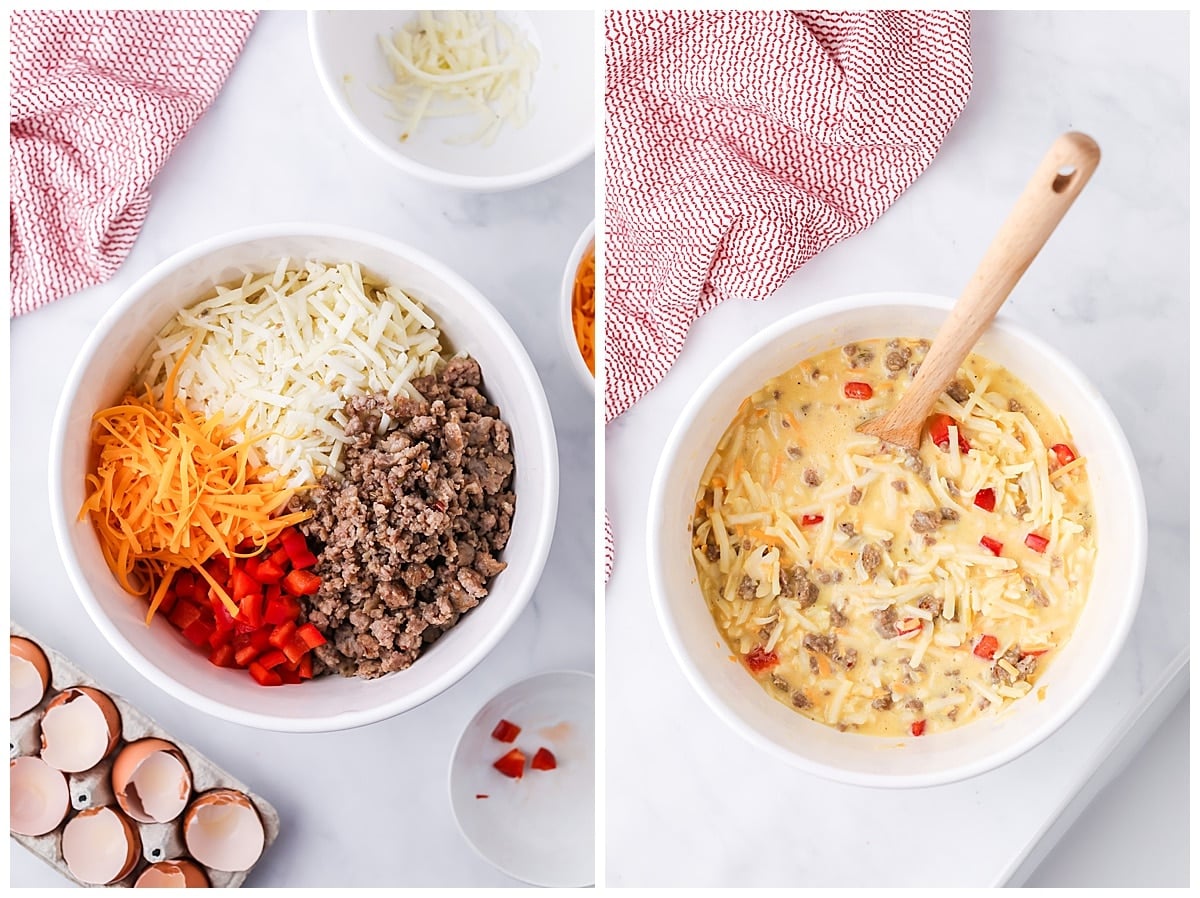 mixing ingredients for breakfast casserole