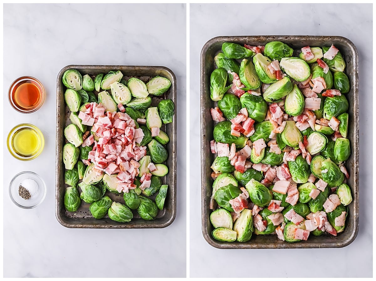 maple bacon brussels sprouts ready for oven