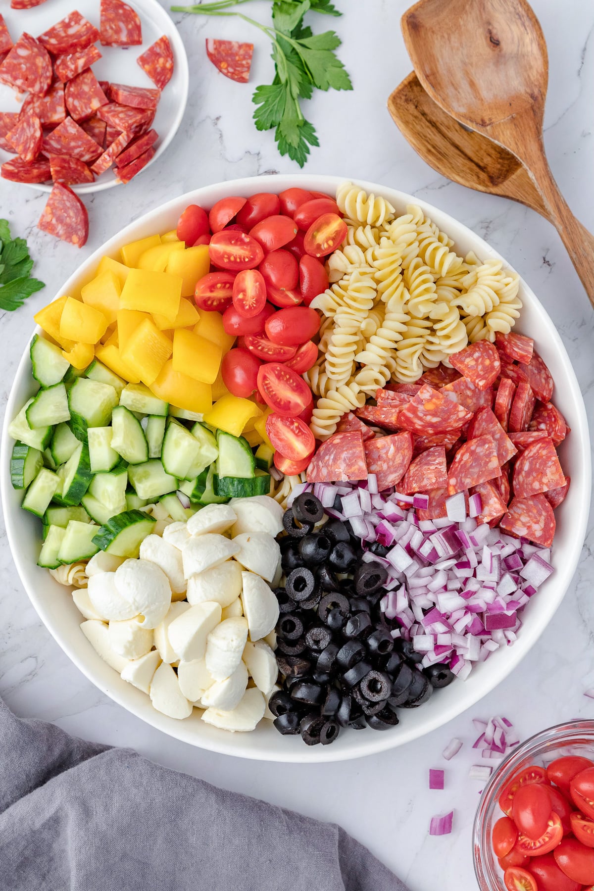 Italian pasta salad before mixing