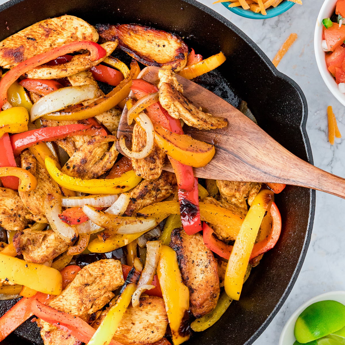 Easy chicken fajitas in skillet.