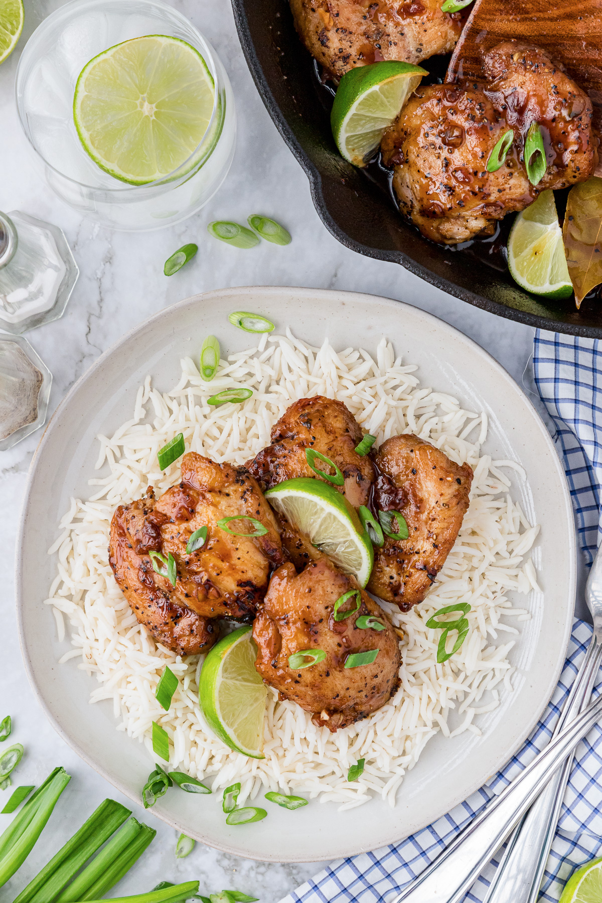Adobo chicken on a plate with rice.