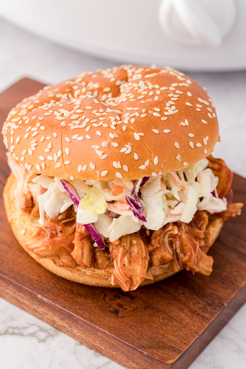 BBQ crockpot chicken on a bun.