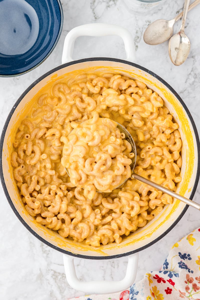 Mac and cheese in pot with spoon.
