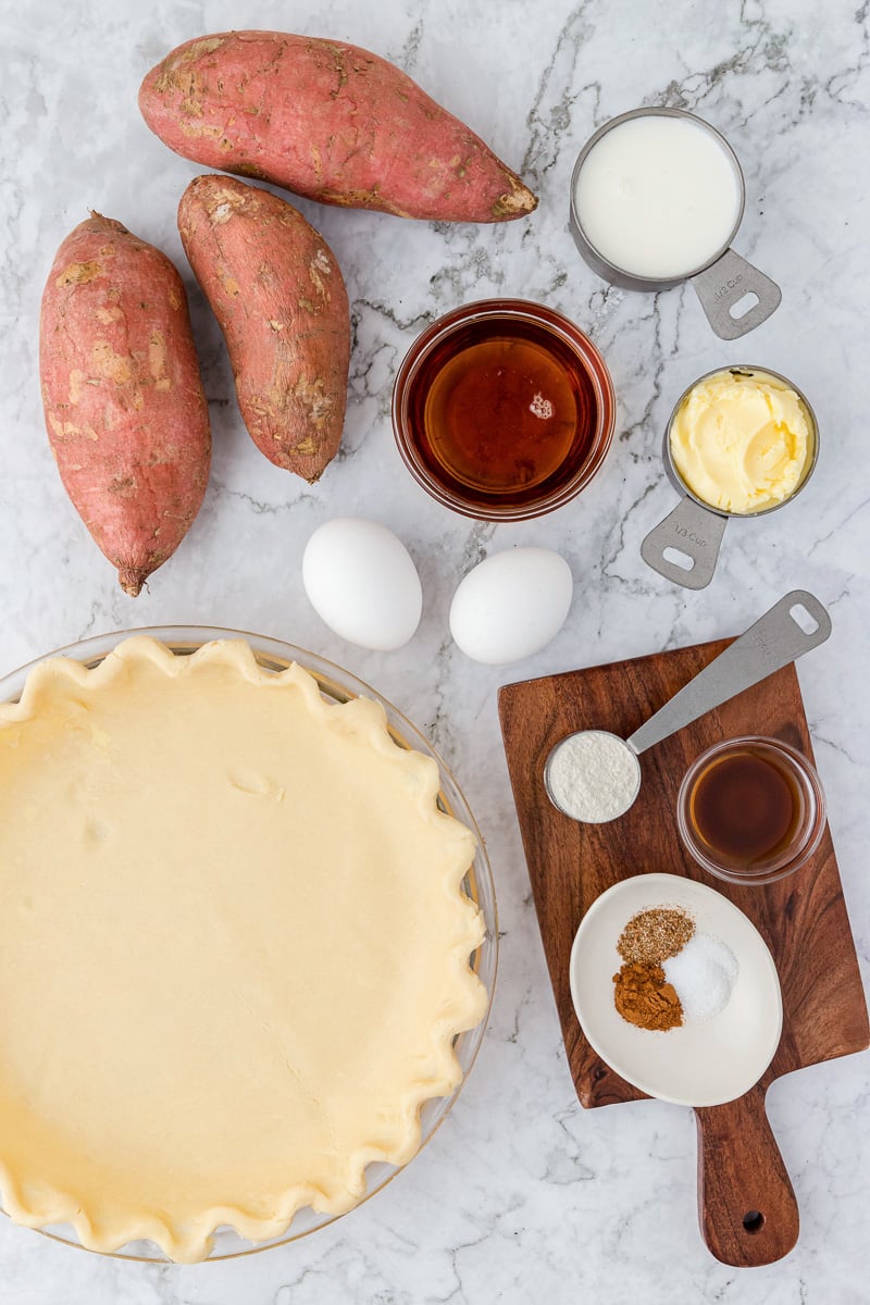 Sweet potato pie ingredients.