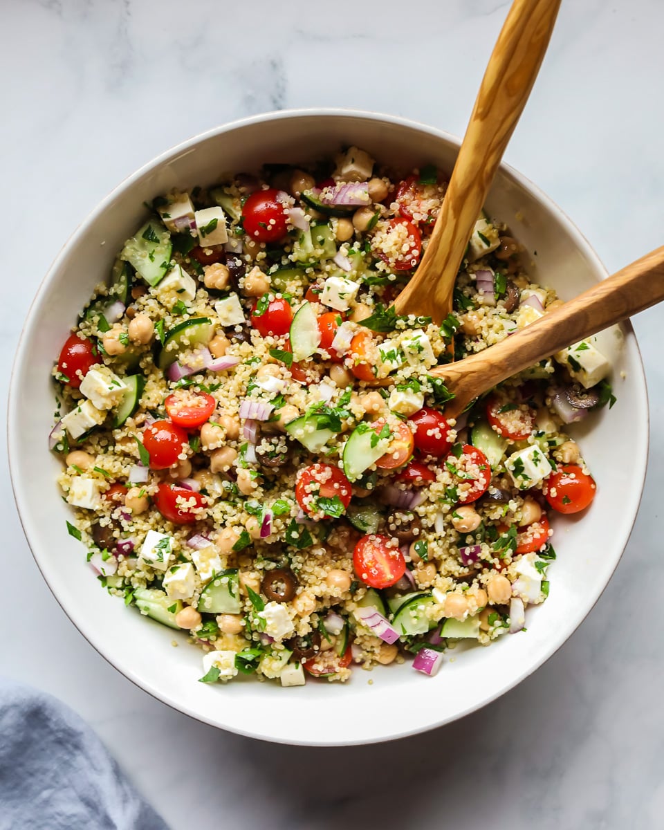 Mediterranean quinoa salad in white bowl.