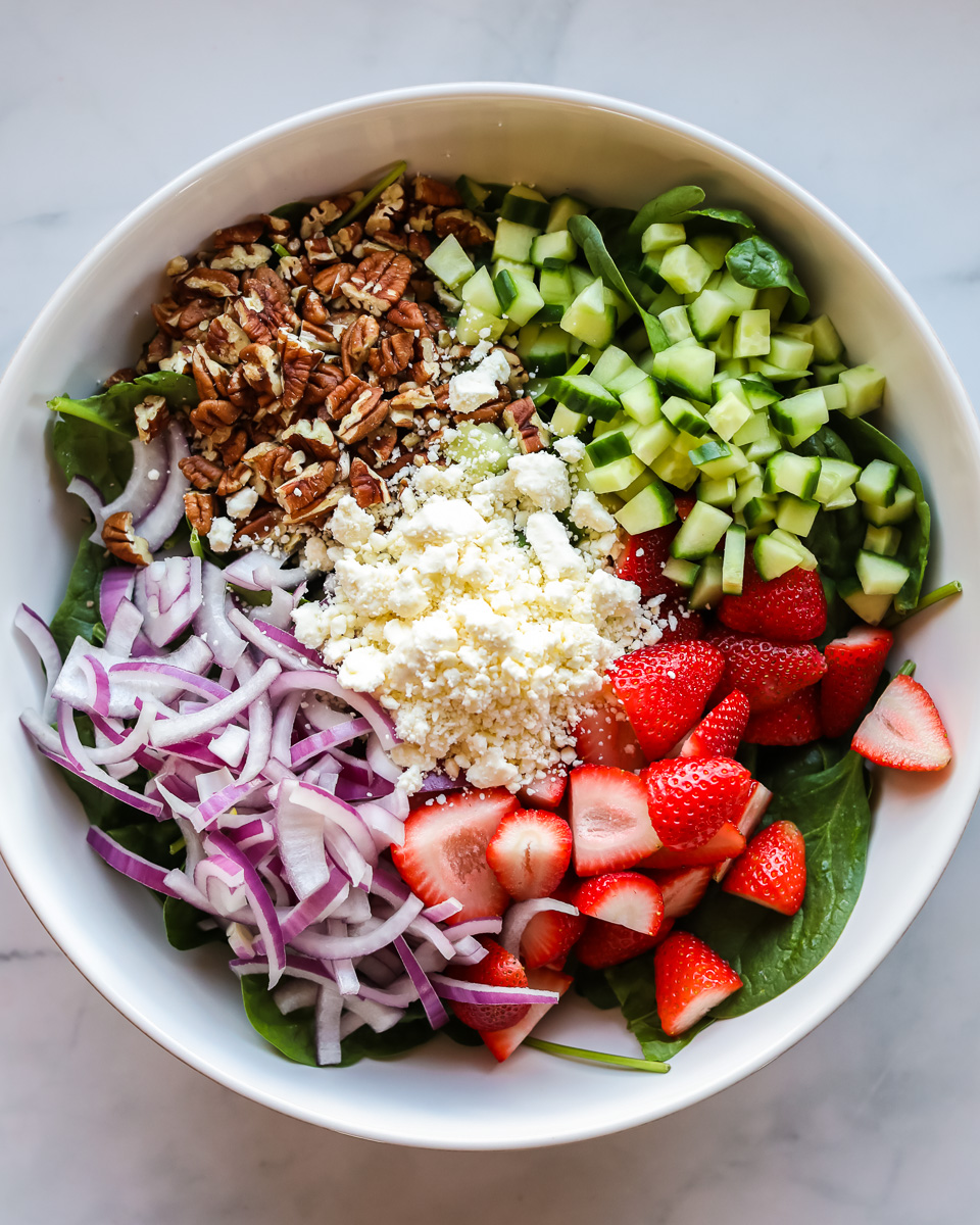 Ingredients for strawberry spinach salad.