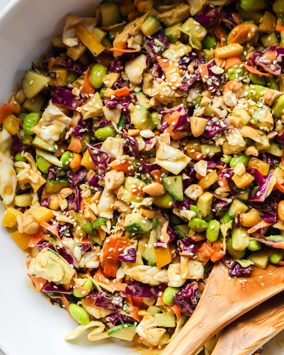 Thai crunch salad in a white bowl.