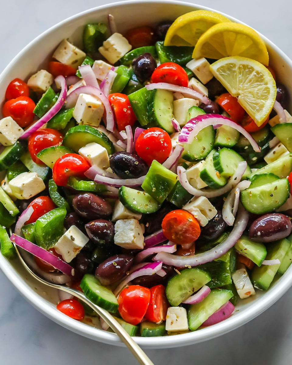 Greek salad in bowl.