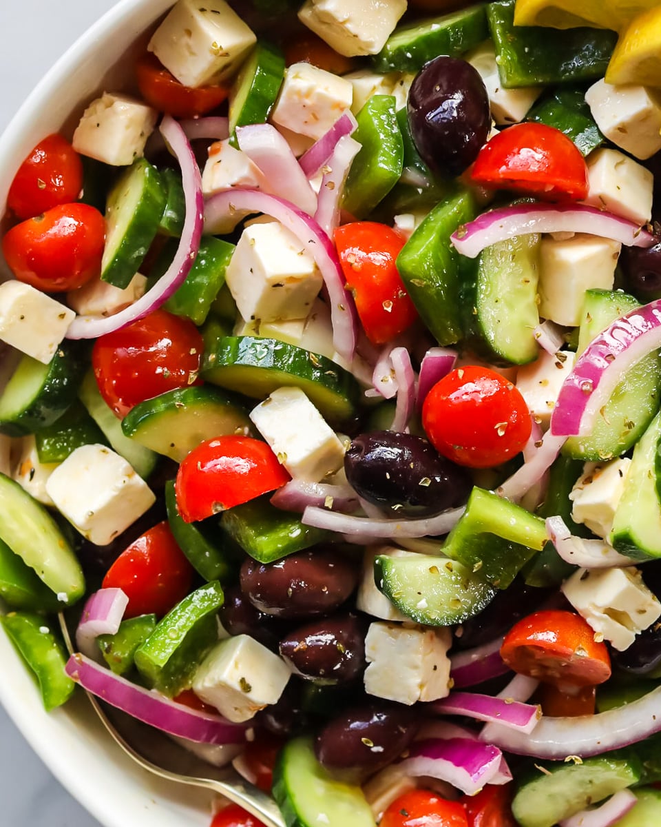 Close up of Greek salad in a bowl.