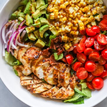 Honey mustard chicken salad in a bowl.