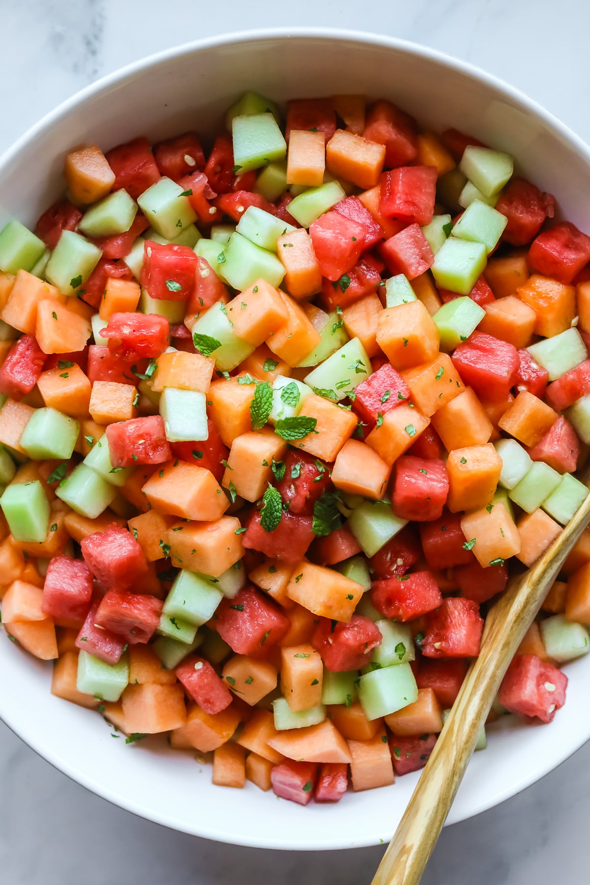 Melon salad with mint lime dressing.