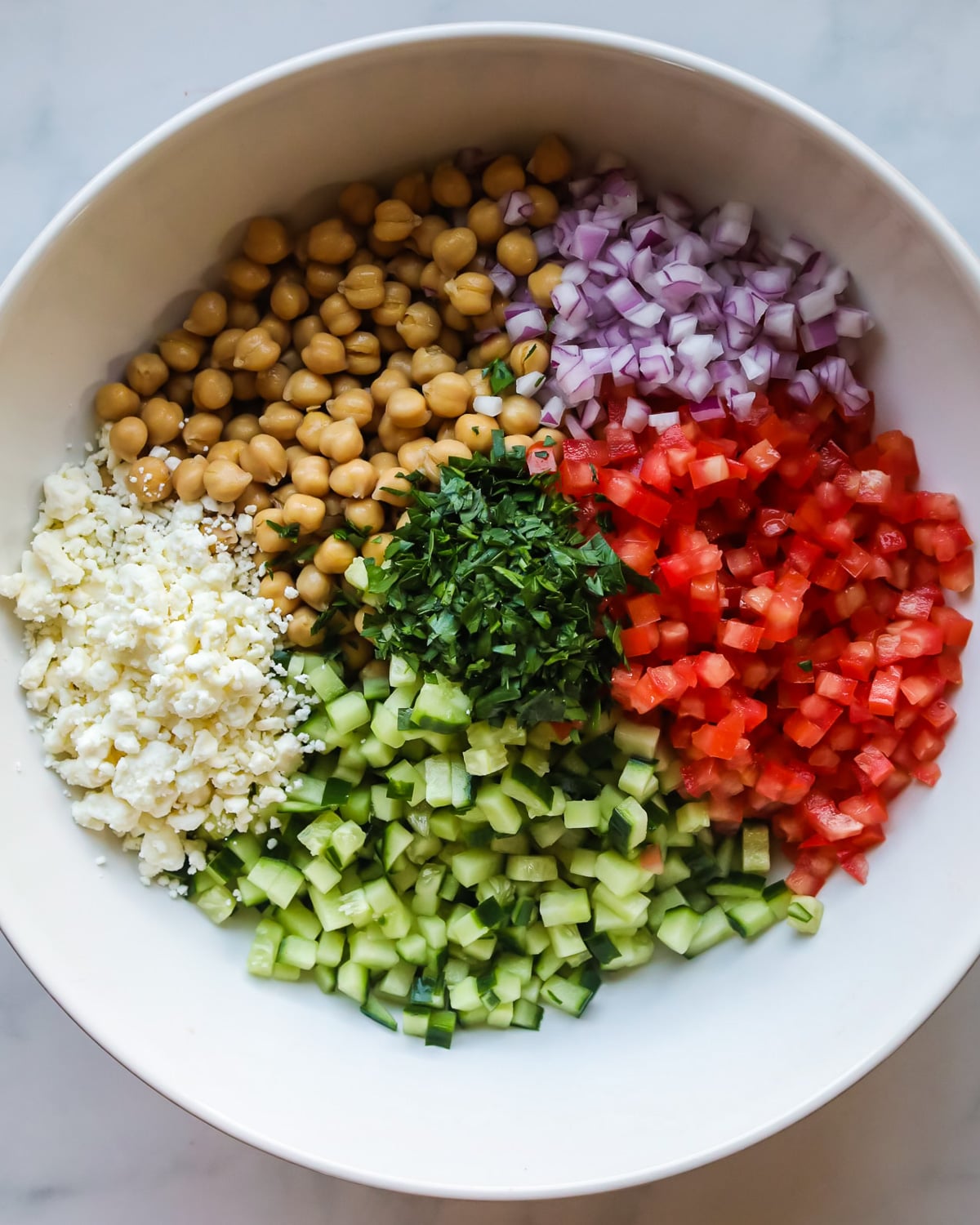 Chickpea salad ingredients.