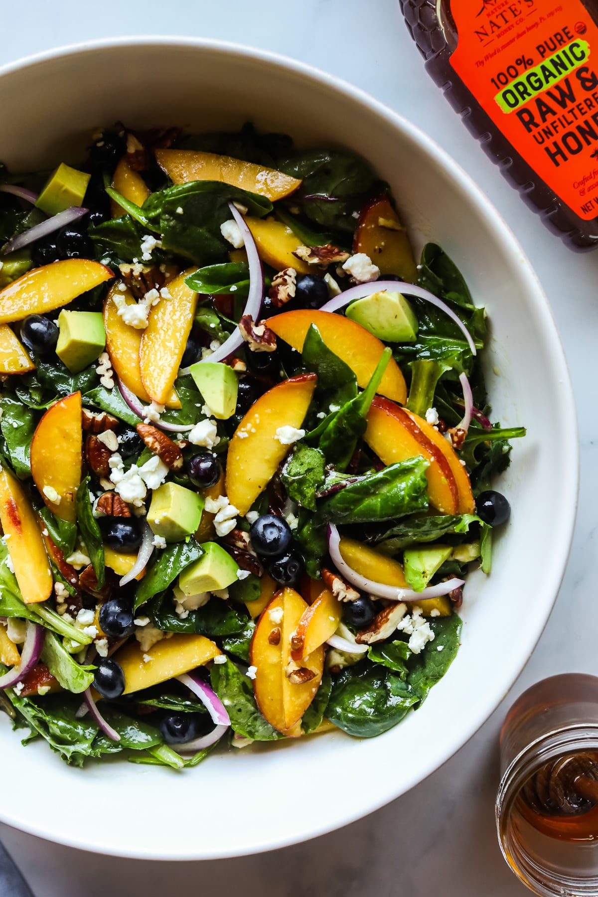Peach salad and honey dressing.