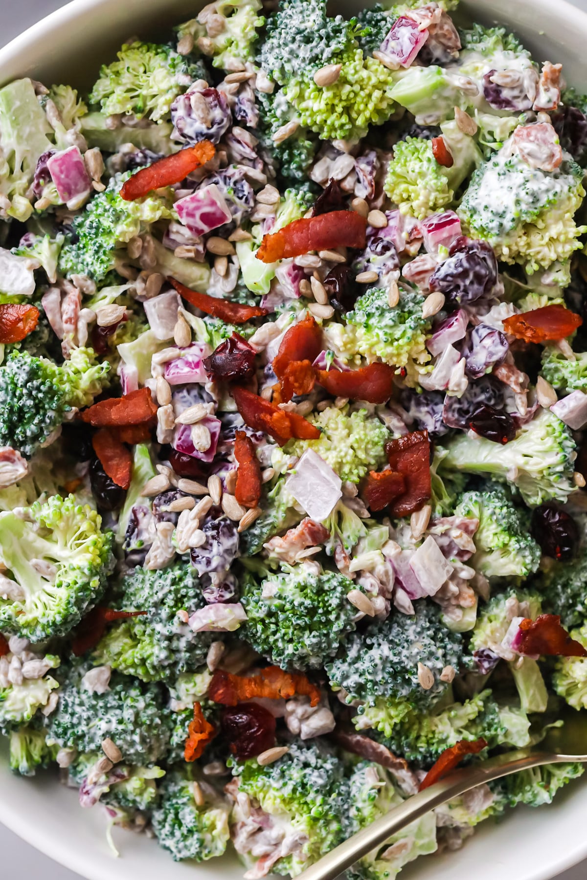 Close up of broccoli salad ready to eat.