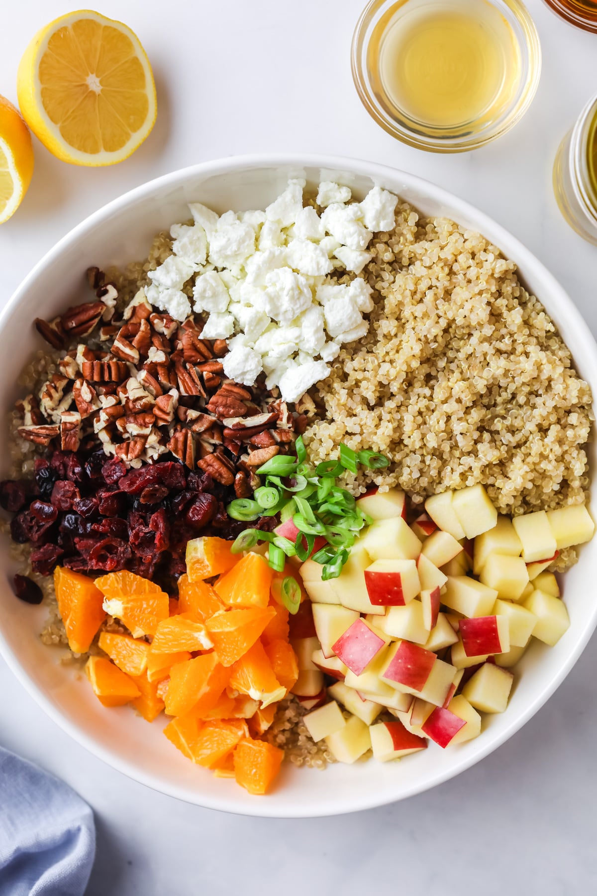 Fall quinoa salad ingredients in a bowl.