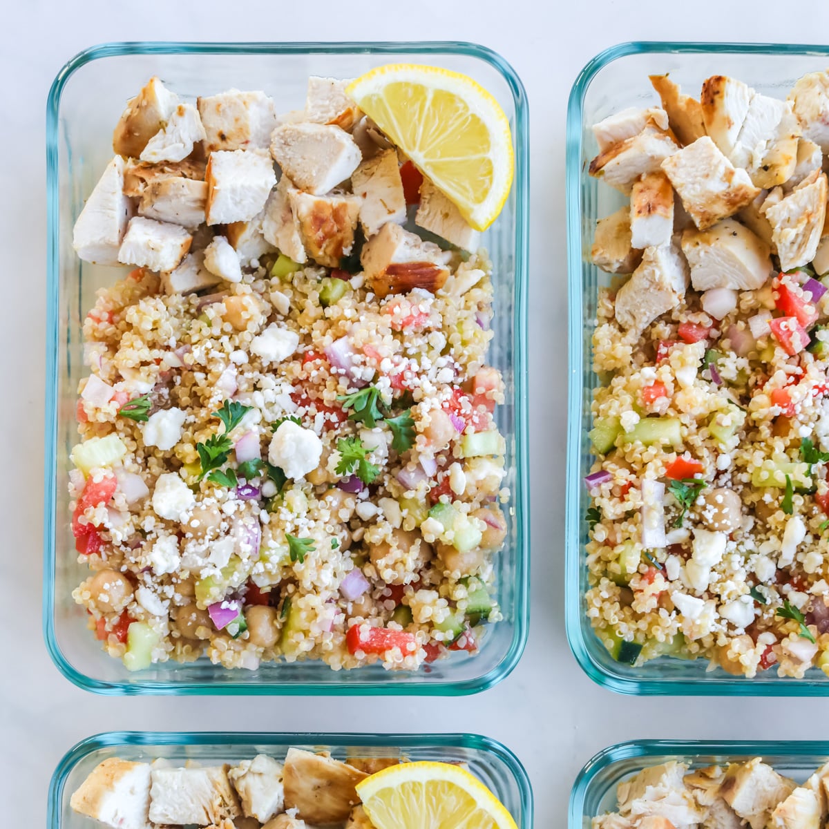 Mediterranean meal prep bowls with chicken.