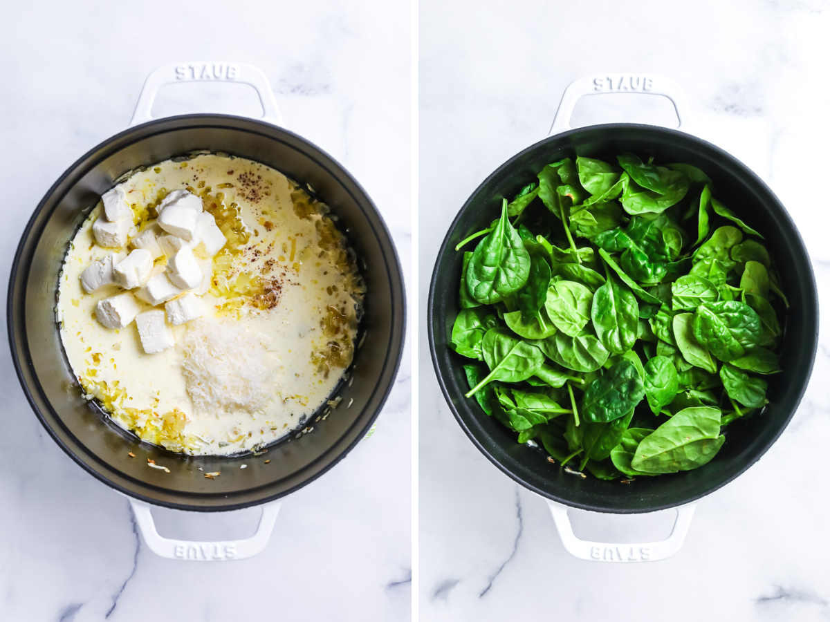 Cooking creamed spinach.