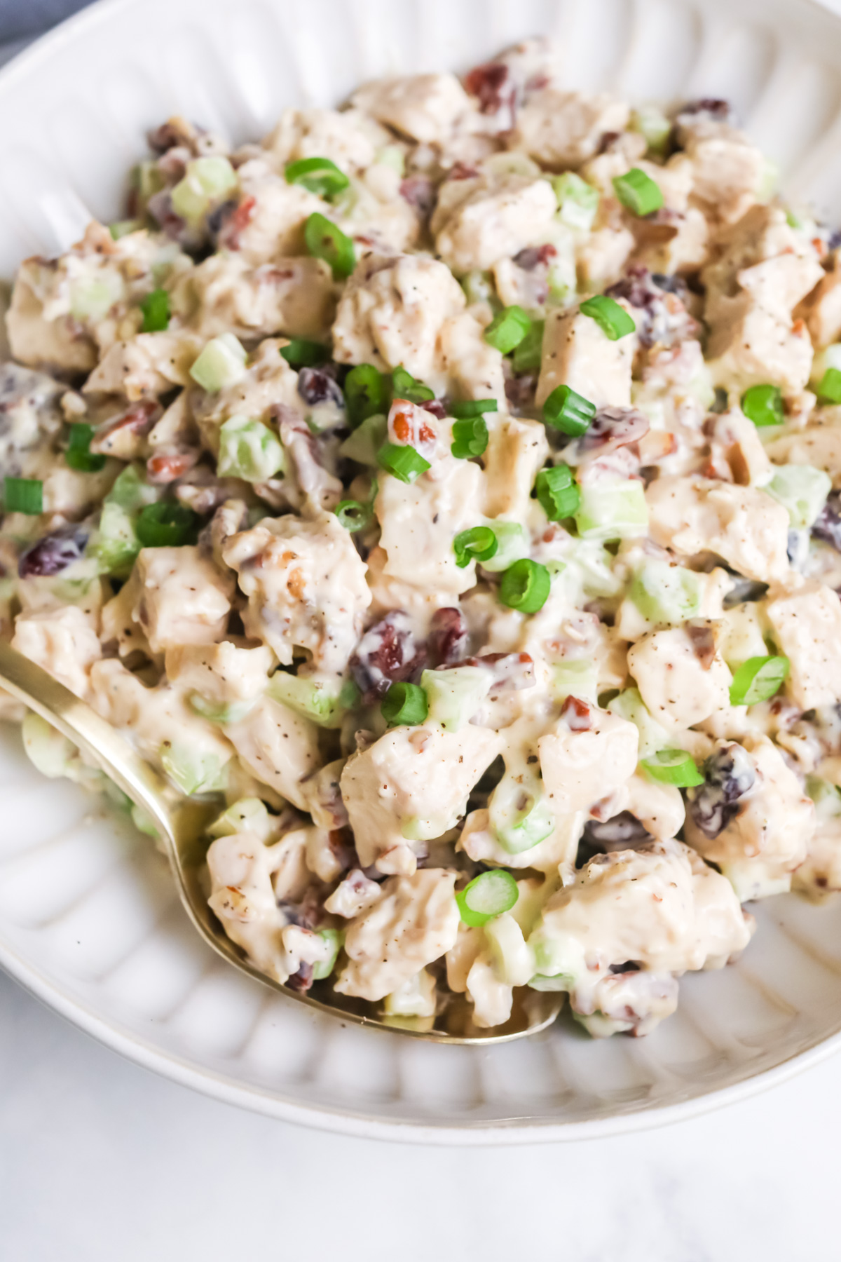 Leftover turkey salad with spoon.