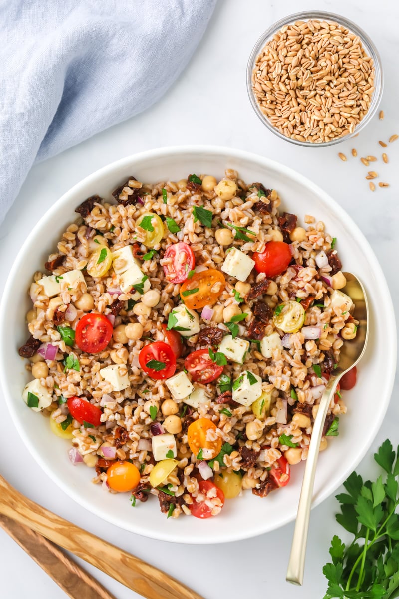 Farro salad in bowl.