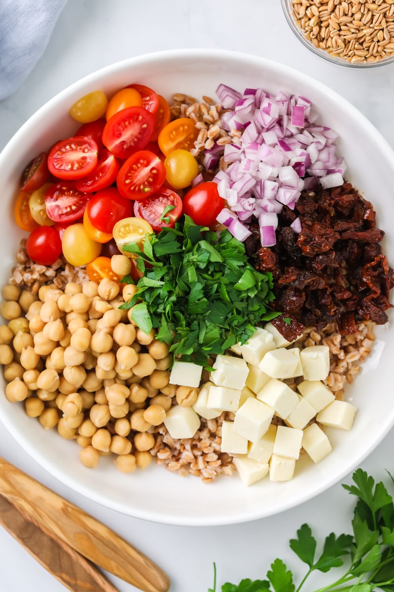 Farro salad ingredients.