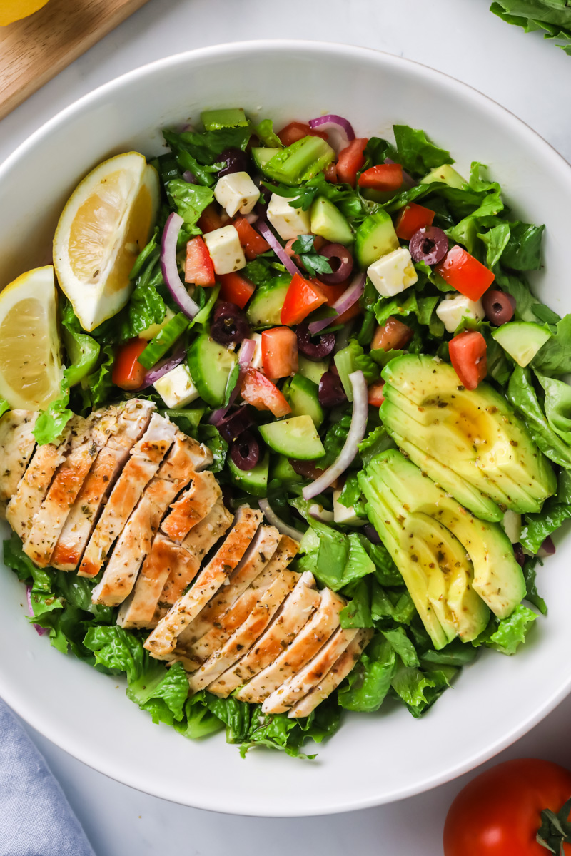 Greek salad with chicken ready to eat.