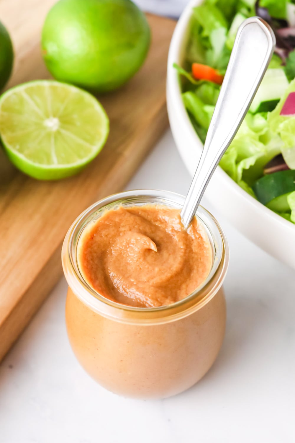 Peanut salad dressing in a jar.