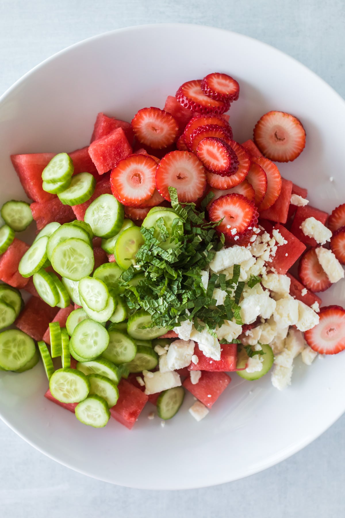 Strawberry watermelon salad ingredients.