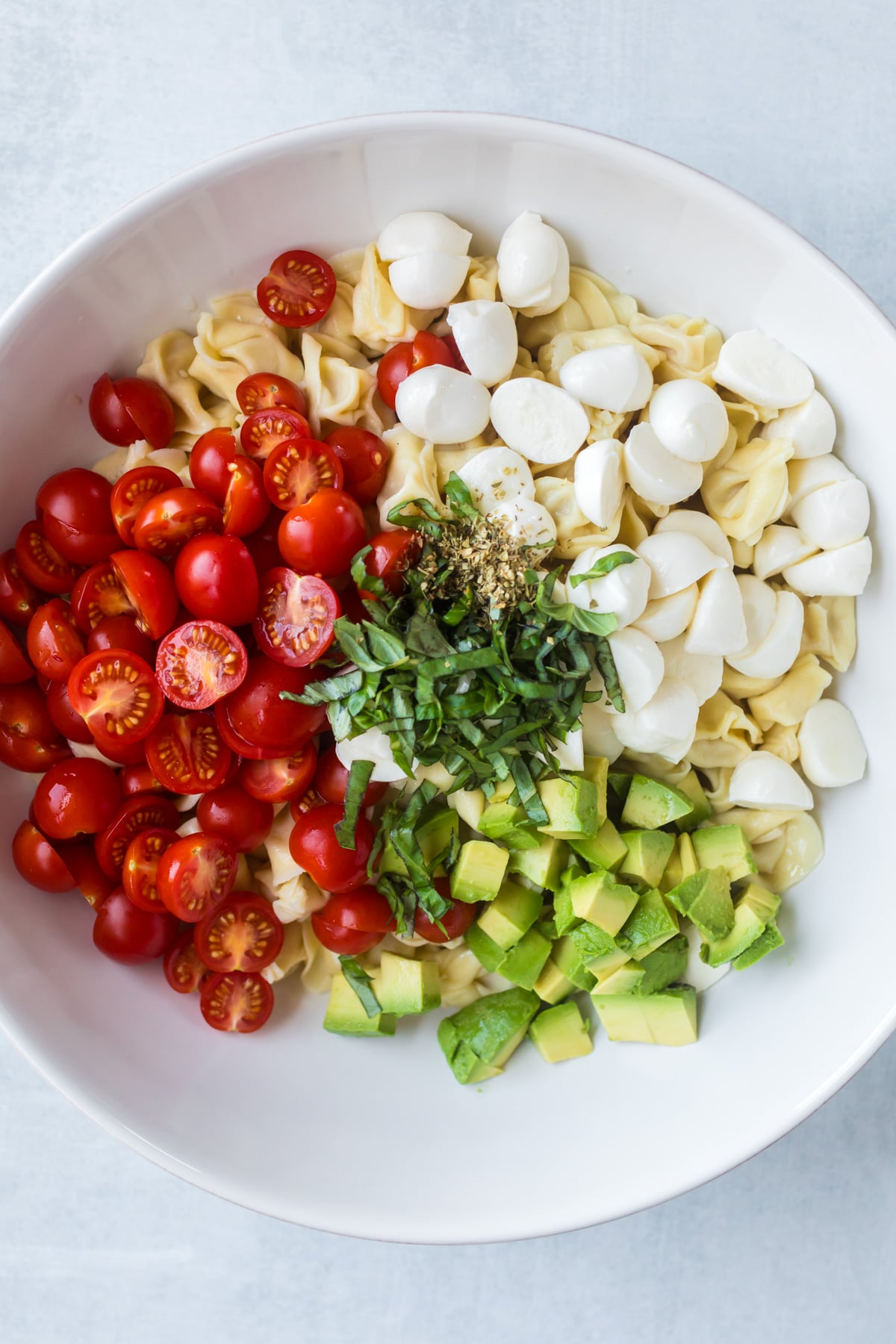 Caprese pasta salad ingredients.