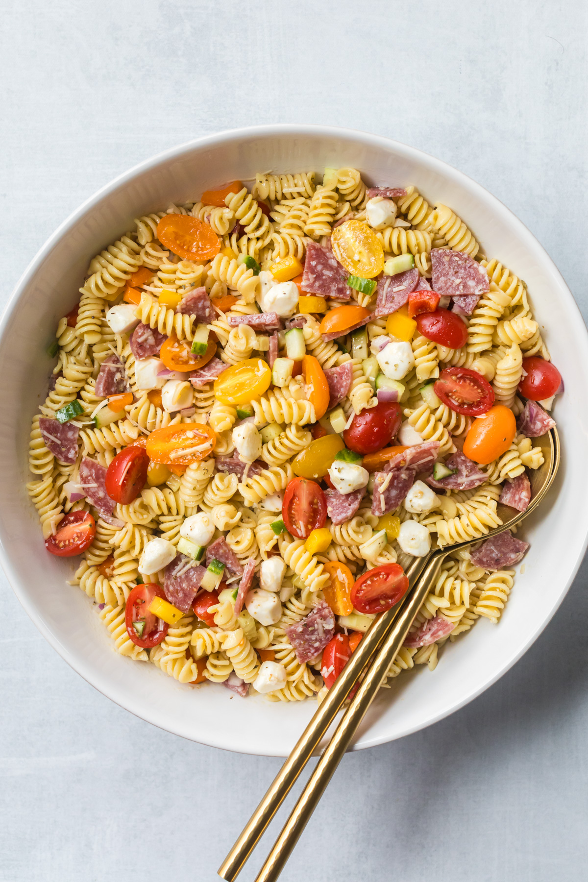 Pasta salad with salami ready to serve.
