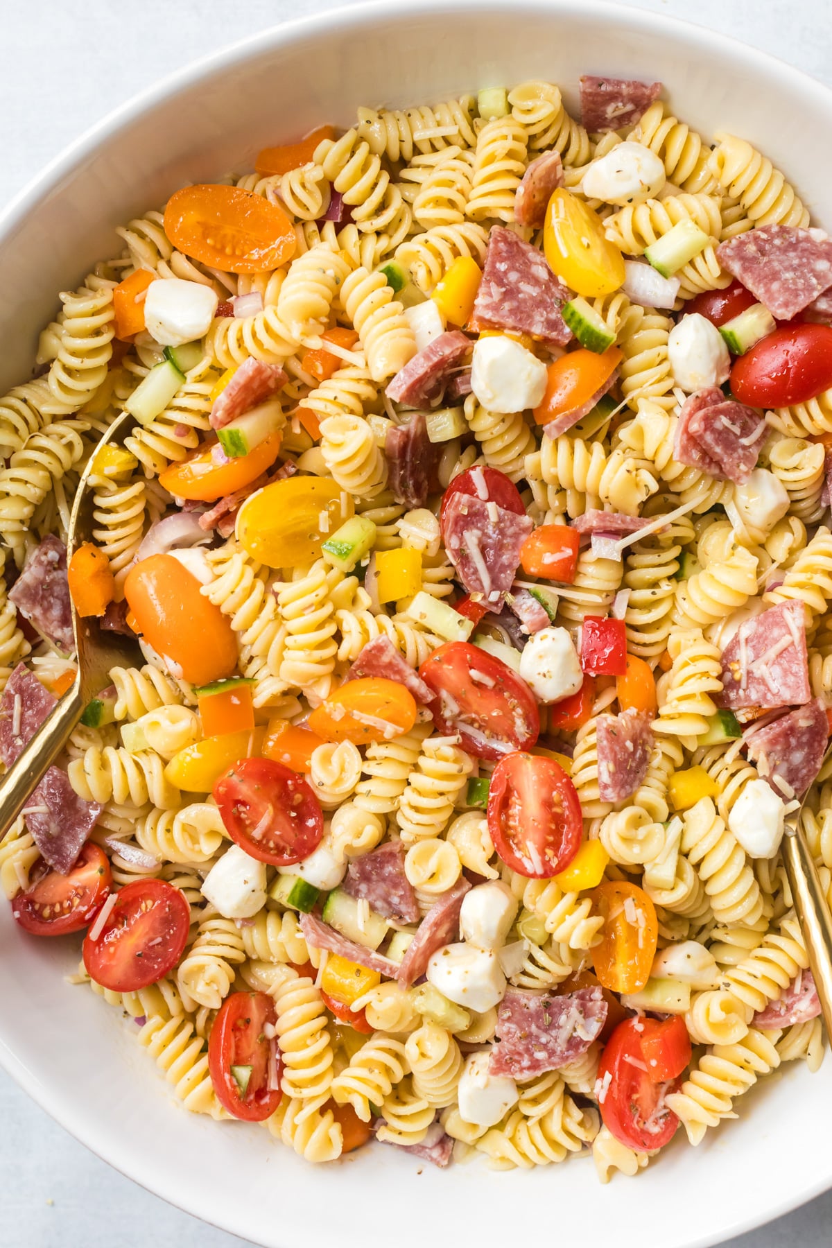 Pasta salad with salami and mozzarella.
