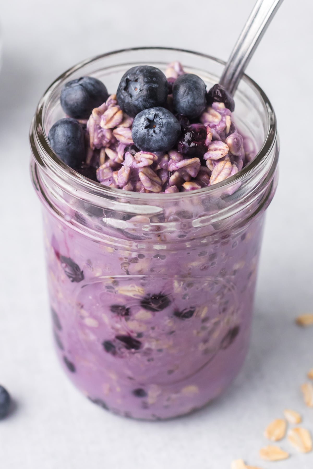 Blueberry overnight oats with blueberries on top.