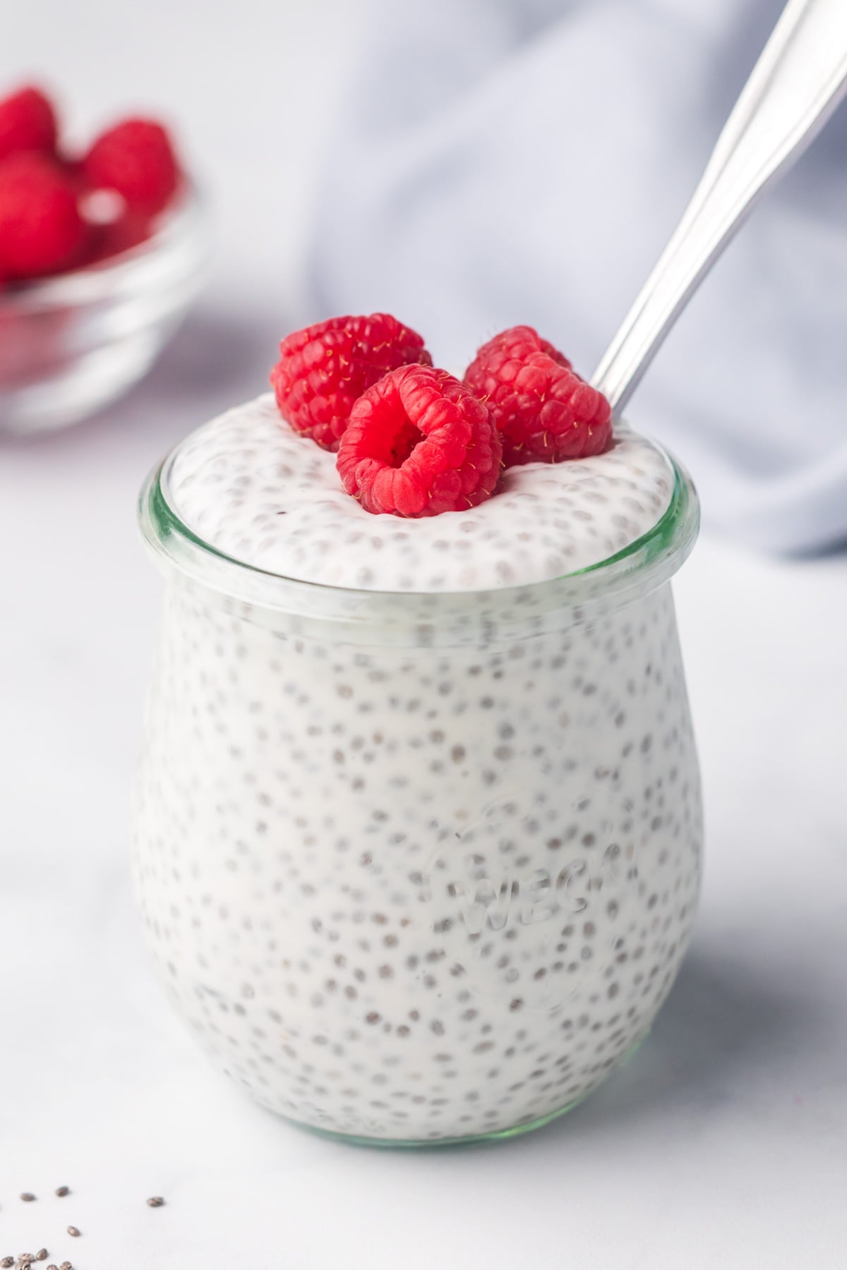 Greek yogurt chia pudding in a jar.