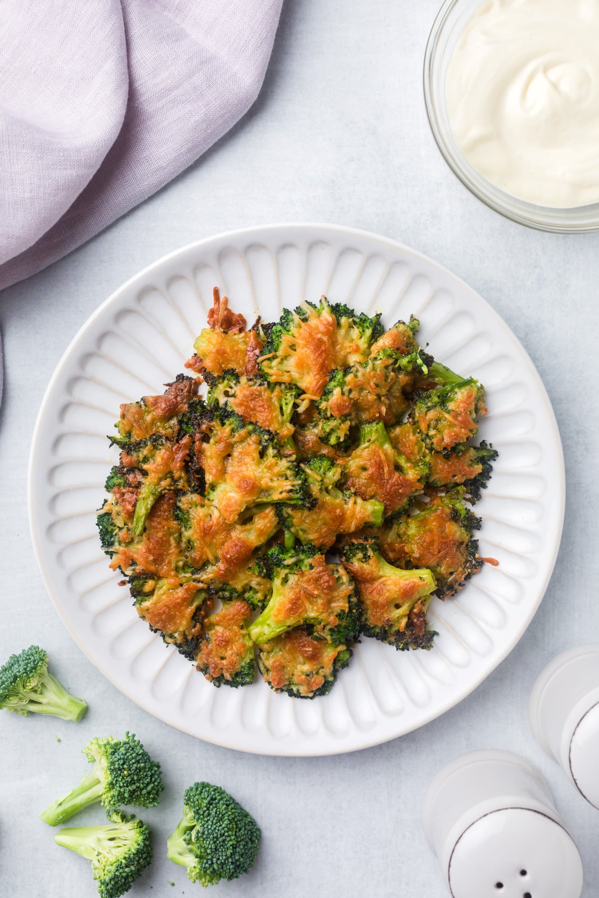 Smashed broccoli with dipping sauce.