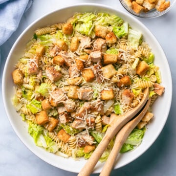 Chicken caesar pasta salad with croutons.